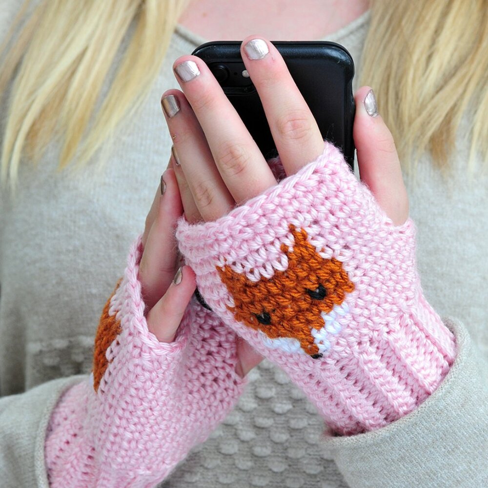 Handmade Pink Fox Fingerless Gloves, Wrist Warmers Made in Canada